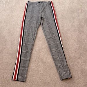 Red/White/Black Side Stripe Legging w/ Grey Plaid